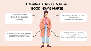 - Care about others
- Respect for all people
- Honesty
-Courtesy and considerateness
-Good communication skills
-Respect for the privacy of others
-Dependability
-Working well with others
- Determination and flexibility
- Eagerness to learn
Cleanliness and health consciousness
CHARACTERISTICS OF A
GOOD HOME NURSE
 