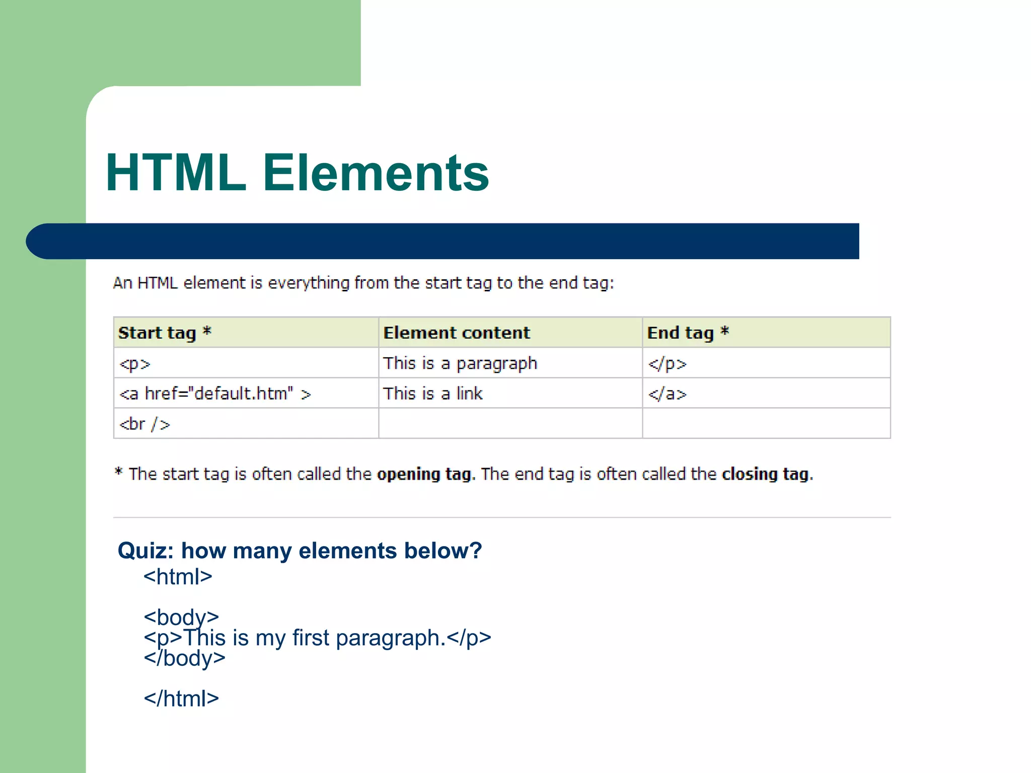HTML Elements Quiz: how many elements below? <html> <body> <p>This is my first paragraph.</p> </body> </html>