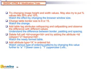 13
BASIC HTML2: Modification Trials
 Try changing image height and width values. May also try to put %
values like 20% and 10%.
Watch the effect by changing the browser window size.
 Change table border size to 8 or 15.
Watch the change.
 Add table tag atrributes cellspacing and cellpadding and observe
the difference with different values.
Understand the difference between border, padding and spacing.
 Delete full cell <td>orange</td> and try adding the attribute <td
colspan=“2”>banana</td> .
Watch the newly formed table.
 Add attribute type=“A” in ordered list.
Watch various type of ordering patterns by changing this value
further to “a” “i”(lower case i) “I” (uppercase I) etc..
 