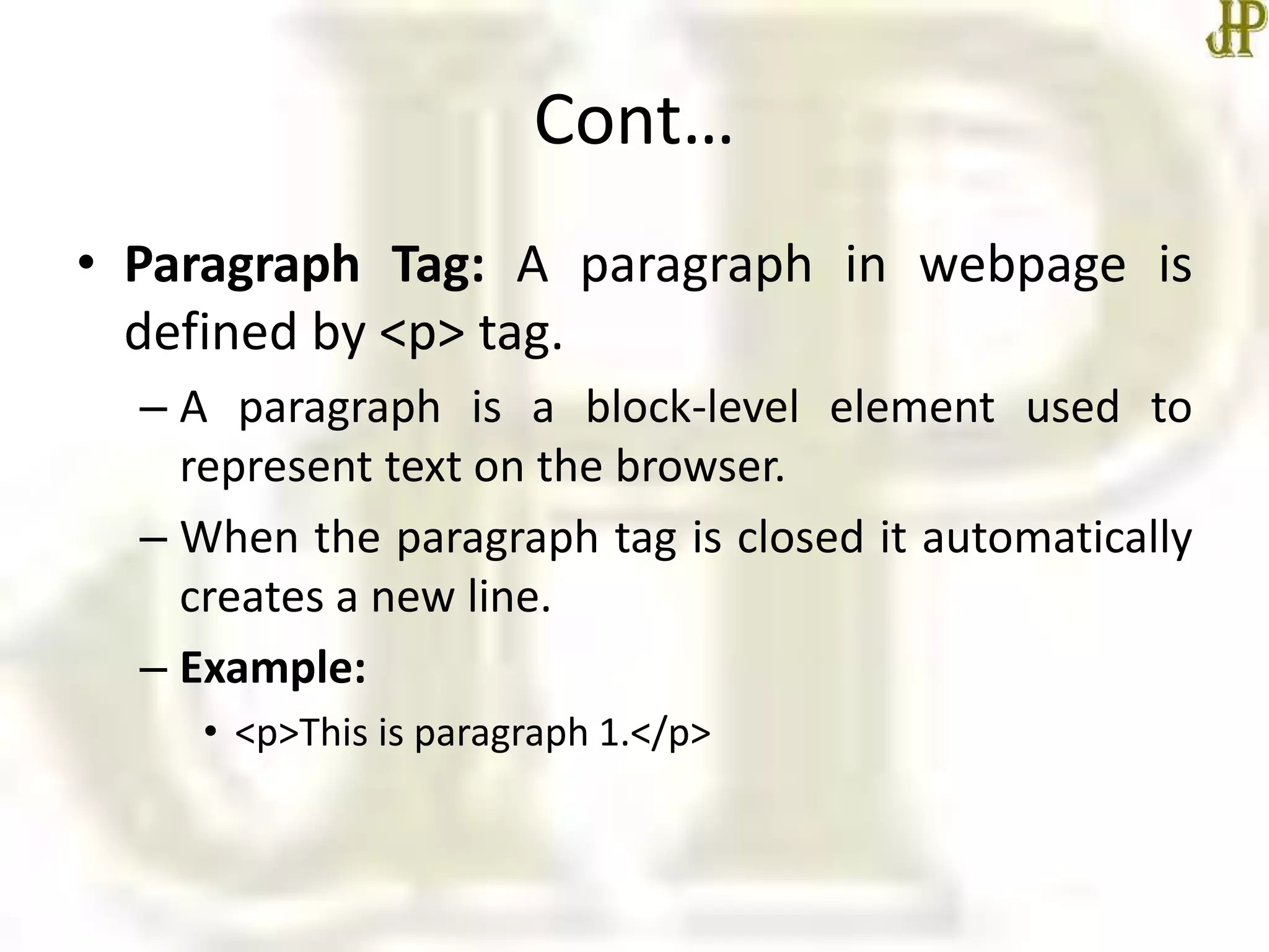 Basic html tags | PPTX | Web Design and HTML | Internet
