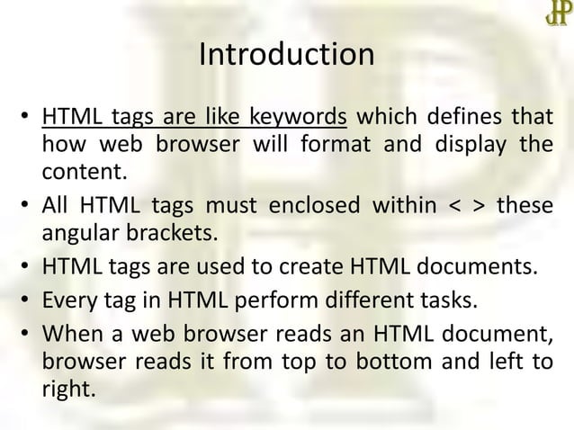 Basic html tags | PPTX | Web Design and HTML | Internet