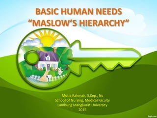 BASIC HUMAN NEEDS
“MASLOW’S HIERARCHY”
Mutia Rahmah, S.Kep., Ns
School of Nursing, Medical Faculty
Lambung Mangkurat University
2015
 