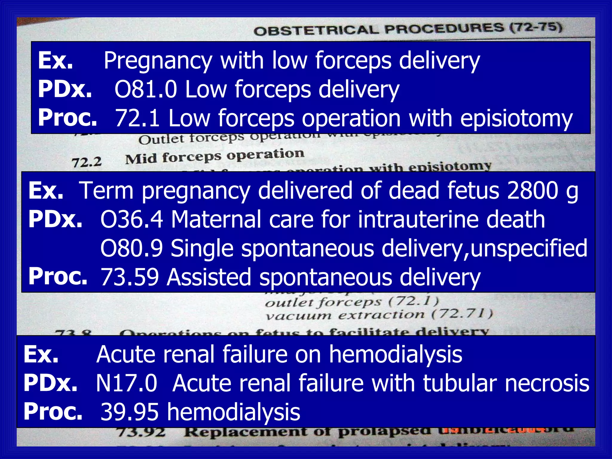 Ex. Pregnancy with low forceps delivery
 PDx. O81.0 Low forceps delivery
 Proc. 72.1 Low forceps operation with episiotomy


Ex. Term pregnancy delivered of dead fetus 2800 g
PDx. O36.4 Maternal care for intrauterine death
      O80.9 Single spontaneous delivery,unspecified
Proc. 73.59 Assisted spontaneous delivery


Ex.   Acute renal failure on hemodialysis
PDx. N17.0 Acute renal failure with tubular necrosis
Proc. 39.95 hemodialysis
 