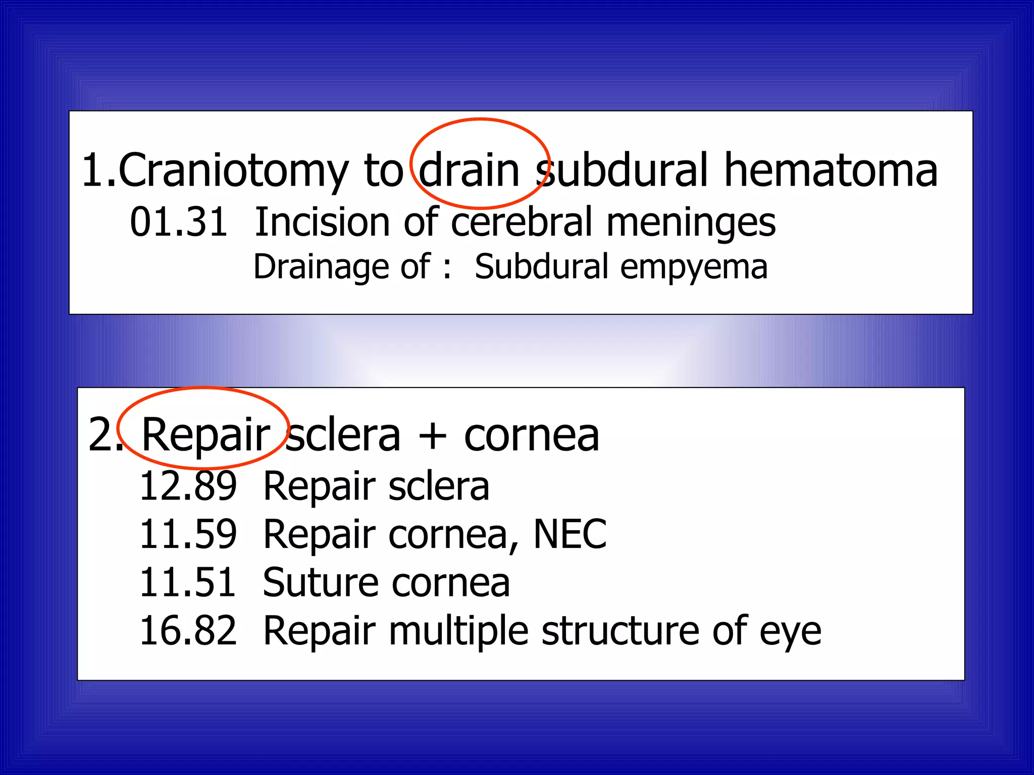 1.Craniotomy to drain subdural hematoma
  01.31 Incision of cerebral meninges
          Drainage of : Subdural empyema



2. Repair sclera + cornea
  12.89   Repair sclera
  11.59   Repair cornea, NEC
  11.51   Suture cornea
  16.82   Repair multiple structure of eye
 