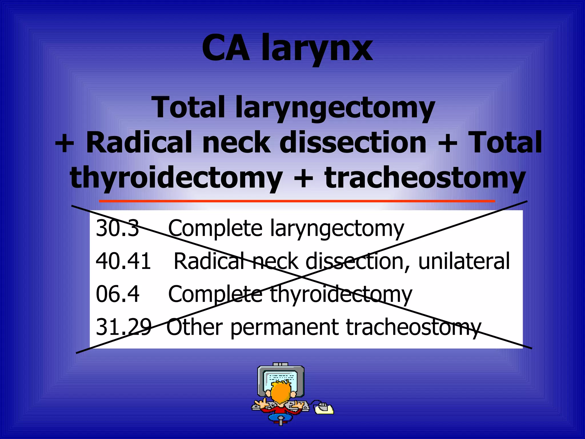 CA larynx
      Total laryngectomy
+ Radical neck dissection + Total
 thyroidectomy + tracheostomy
  30.3    Complete laryngectomy
  40.41   Radical neck dissection, unilateral
  06.4    Complete thyroidectomy
  31.29   Other permanent tracheostomy
 