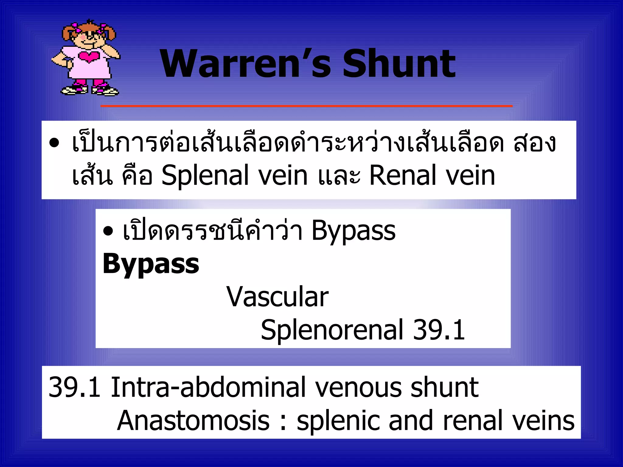 Warren’s Shunt
• เป็นการต่อเส้นเลือดดำาระหว่างเส้นเลือด สอง
  เส้น คือ Splenal vein และ Renal vein
    • เปิดดรรชนีคำาว่า Bypass
    Bypass
              Vascular
                 Splenorenal 39.1

39.1 Intra-abdominal venous shunt
      Anastomosis : splenic and renal veins
 