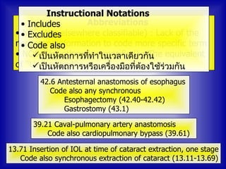 Instructional Notations
    • Includes      Abbreviations
  • • Excludeselsewhere classifiable) : Lack of the
    NEC (Not
  necessary information to code more specific term
    • Code also
  • NOSเป็นหัตถการทีทำาในเวลาเดียวกัThe equivalent
        (Not otherwise specified) : น
                     ่
  of “Unspecified”
       เป็นหัตถการหรือเครื่องมือทีต้องใช้ร่วมกัน
                                   ่
         42.6 Antesternal anastomosis of esophagus
            Code also any synchronous
                Esophagectomy (42.40-42.42)
                Gastrostomy (43.1)

       39.21 Caval-pulmonary artery anastomosis
           Code also cardiopulmonary bypass (39.61)

13.71 Insertion of IOL at time of cataract extraction, one stage
   Code also synchronous extraction of cataract (13.11-13.69)
 