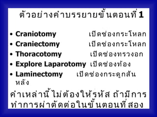 ตั ว อย่ า งคำ า บรรยายขั ้ น ตอนที ่ 1

• Craniotomy               เปิ ด ช่ อ งกระโหลก
• Craniectomy              เปิ ด ช่ อ งกระโหลก
• Thoracotomy               เปิ ด ช่ อ งทรวงอก
• Explore Laparotomy เปิ ด ช่ อ งท้ อ ง
• Laminectomy         เปิ ด ช่ อ งกระดู ก สั น
  หลั ง
• Arthrotomy ม่ ต ้ อ งให้ รด ข้ อ ต่ าา มี ก าร
คำ า เหล่ า นี ้ ไ         เปิ หั ส ถ้ งๆ
ทำ า การผ่ า ตั ด ต่ อ ในขั ้ น ตอนที ่ ส อง
 
