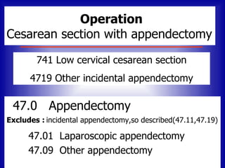 Operation
Cesarean section with appendectomy

        741 Low cervical cesarean section
      4719 Other incidental appendectomy

 47.0 Appendectomy
Excludes : incidental appendectomy,so described(47.11,47.19)

      47.01 Laparoscopic appendectomy
      47.09 Other appendectomy
 