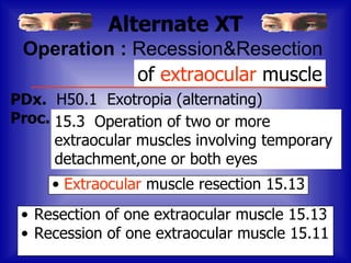 Alternate XT
 Operation : Recession&Resection
                   of muscle
             of extraocular muscle
PDx. H50.1 Exotropia (alternating)
Proc. 15.3 Operation of two or more
      83.45 Muscle resection
      extraocular muscles involving temporary
      detachment,one or both eyes
     • Extraocular muscle resection 15.13
 • Resection of one extraocular muscle 15.13
 • Recession of one extraocular muscle 15.11
 
