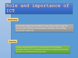 Economy
A major advancement of ICT is the advancement of global
economy. Due to ICT e-commerce activities increased and provide
benefits to small business houses also.
Governance
ICT provide e-governance facilities to the citizens which make the
services more efficient and transparent. Example: Online billing
sevices,GST system etc.
 