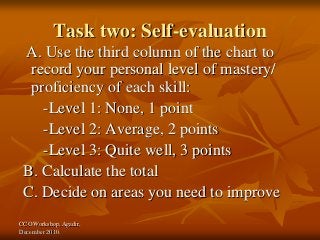 CCO Workshop, Agadir,
December 2010.
Task two: Self-evaluation
A. Use the third column of the chart to
record your personal level of mastery/
proficiency of each skill:
-Level 1: None, 1 point
-Level 2: Average, 2 points
-Level 3: Quite well, 3 points
B. Calculate the total
C. Decide on areas you need to improve
 
