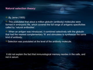 Natural selection theory:


 By Jerne (1955)
 This postulated that about a million globulin (antibody) molecules were
formed in embryonic life, which covered the full range of antigenic specificities
called by ‘natural antibodies’.
 When an antigen was introduced, it combined selectively with the globulin
that had the nearest complementary ‘fit’ and stimulates to synthesize the same
kind of antibody.
Selection was postulated at the level of the antibody molecule.




 It did not explain the fact that immunological memory resides in the cells, and
not in serum
 