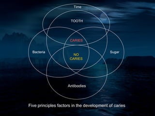 Time



                      TOOTH




                      CARIES


  Bacteria                                 Sugar
                        NO
                      CARIES




                     Antibodies




Five principles factors in the development of caries
 