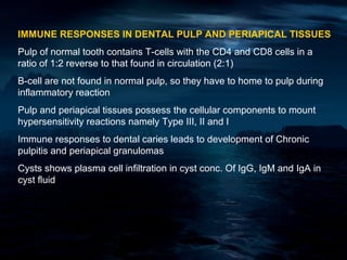 IMMUNE RESPONSES IN DENTAL PULP AND PERIAPICAL TISSUES
Pulp of normal tooth contains T-cells with the CD4 and CD8 cells in a
ratio of 1:2 reverse to that found in circulation (2:1)
B-cell are not found in normal pulp, so they have to home to pulp during
inflammatory reaction
Pulp and periapical tissues possess the cellular components to mount
hypersensitivity reactions namely Type III, II and I
Immune responses to dental caries leads to development of Chronic
pulpitis and periapical granulomas
Cysts shows plasma cell infiltration in cyst conc. Of IgG, IgM and IgA in
cyst fluid
 