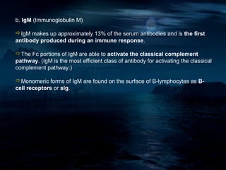 b. IgM (Immunoglobulin M)

IgM makes up approximately 13% of the serum antibodies and is the first
antibody produced during an immune response.

The Fc portions of IgM are able to activate the classical complement
pathway. (IgM is the most efficient class of antibody for activating the classical
complement pathway.)

Monomeric forms of IgM are found on the surface of B-lymphocytes as B-
cell receptors or sIg.
 
