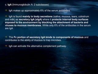 c. IgA (Immunoglobulin A; 2 subclasses)

 IgA makes up approximately 6% of the serum antibodies

 IgA is found mainly in body secretions (saliva, mucous, tears, colostrum
and milk) as secretory IgA (sIgA) where it protects internal body surfaces
exposed to the environment by blocking the attachment of bacteria and
viruses to mucous membranes. While only 6% of the antibodies in the serum
are IgA


 The Fc portion of secretory IgA binds to components of mucous and
contributes to the ability of mucous to trap microbes.

 IgA can activate the alternative complement pathway.
 