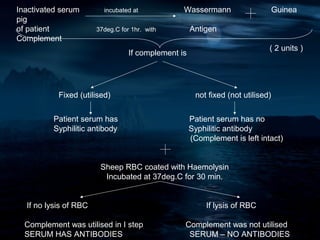 Inactivated serum        incubated at            Wassermann                      Guinea
pig
of patient             37deg.C for 1hr. with         Antigen
Complement
                                                                             ( 2 units )
                                  If complement is




           Fixed (utilised)                           not fixed (not utilised)


          Patient serum has                          Patient serum has no
          Syphilitic antibody                        Syphilitic antibody
                                                     (Complement is left intact)


                        Sheep RBC coated with Haemolysin
                         Incubated at 37deg.C for 30 min.


  If no lysis of RBC                                      If lysis of RBC

  Complement was utilised in I step              Complement was not utilised
  SERUM HAS ANTIBODIES                            SERUM – NO ANTIBODIES
 