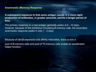 Anamnestic (Memory) Response


A subsequent exposure to that same antigen results in a more rapid
production of antibodies, in greater amounts, and for a longer period of
time.
The primary response to a new antigen generally peaks at 5 - 10 days,
however, because of the numerous circulating B-memory cells, the secondary
anamnestic response peaks in only 1 - 3 days


Because of clonal expansion and affinity maturation, there is now a
pool of B-memory cells and pool of T4-memory cells enable an accelerated
helper function.
 