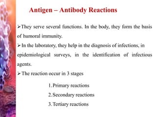 Antigen – Antibody Reactions
They serve several functions. In the body, they form the basis
of humoral immunity.
In the laboratory, they help in the diagnosis of infections, in
epidemiological surveys, in the identification of infectious
agents.
The reaction occur in 3 stages
1.Primary reactions
2.Secondary reactions
3.Tertiary reactions
 