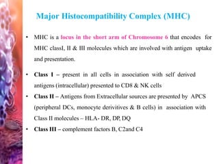 Major Histocompatibility Complex (MHC)
• MHC is a locus in the short arm of Chromosome 6 that encodes for
MHC classI, II & III molecules which are involved with antigen uptake
and presentation.
• Class I – present in all cells in association with self derived
antigens (intracellular) presented to CD8 & NK cells
• Class II – Antigens from Extracellular sources are presented by APCS
(peripheral DCs, monocyte derivitives & B cells) in association with
Class II molecules – HLA- DR, DP, DQ
• Class III – complement factors B, C2and C4
 