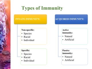 Types of Immunity
INNATE IMMUNITY:
Non-specific:
• Species
• Racial
• Individual
Specific:
• Species
• Racial
• Individual
ACQUIRED IMMUNITY:
Active
immunity:
• Natural
• Artificial
Passive
immunity:
• Natural
• Artificial
 