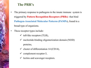 The PRR’s
• The primary response to pathogens in the innate immune system is
triggered by Pattern Recognition Receptors (PRRs) that bind
Pathogen-Associated Molecular Patterns (PAMPs), found in a
broad type of organisms.
• These receptor types include:
 toll-like receptors (TLR),
 nucleotide-binding oligomerization domain (NOD)
proteins,
 cluster of differentiation 14 (CD14),
 complement receptor-3,
 lectins and scavenger receptors.
 