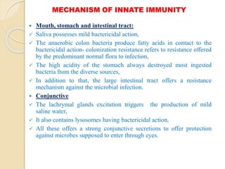 MECHANISM OF INNATE IMMUNITY
 Mouth, stomach and intestinal tract:
 Saliva possesses mild bactericidal action,
 The anaerobic colon bacteria produce fatty acids in contact to the
bactericidal action- colonization resistance refers to resistance offered
by the predominant normal flora to infection,
 The high acidity of the stomach always destroyed most ingested
bacteria from the diverse sources,
 In addition to that, the large intestinal tract offers a resistance
mechanism against the microbial infection.
 Conjunctive
 The lachrymal glands excitation triggers the production of mild
saline water,
 It also contains lysosomes having bactericidal action,
 All these offers a strong conjunctive secretions to offer protection
against microbes supposed to enter through eyes.
 