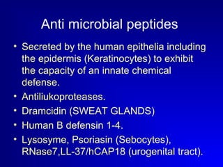 Anti microbial peptides 
• Secreted by the human epithelia including 
the epidermis (Keratinocytes) to exhibit 
the capacity of an innate chemical 
defense. 
• Antiliukoproteases. 
• Dramcidin (SWEAT GLANDS) 
• Human B defensin 1-4. 
• Lysosyme, Psoriasin (Sebocytes), 
RNase7,LL-37/hCAP18 (urogenital tract). 
 