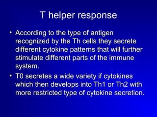 T helper response 
• According to the type of antigen 
recognized by the Th cells they secrete 
different cytokine patterns that will further 
stimulate different parts of the immune 
system. 
• T0 secretes a wide variety if cytokines 
which then develops into Th1 or Th2 with 
more restricted type of cytokine secretion. 
 