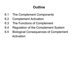 Outline
6.1 The Complement Components
6.2 Complement Activation
6.3 The Functions of Complement
6.4 Regulation of the Complement System
6.5 Biological Consequences of Complement
Activation
 