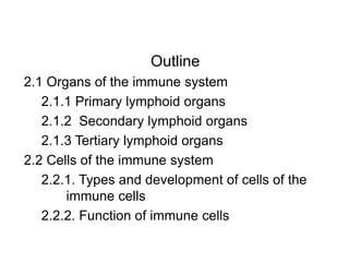 Outline
2.1 Organs of the immune system
2.1.1 Primary lymphoid organs
2.1.2 Secondary lymphoid organs
2.1.3 Tertiary lymphoid organs
2.2 Cells of the immune system
2.2.1. Types and development of cells of the
immune cells
2.2.2. Function of immune cells
 