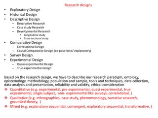 Research designs
• Exploratory Design
• Historical Design
• Descriptive Design
– Descriptive Research
– Case study Research
– Developmental Research
• Longitudinal study
• Cross-sectional study
• Comparative Design
– Correlational Design
– Causal Comparative Design (ex-post facto/ explanatory)
• Survey Design
• Experimental Design
– Quasi-experimental Design
– True-experimental Design
Based on the research design, we have to describe our research paradigm, ontology,
epistemology, methodology, population and sample, tools and techniques, data collection,
data analysis and presentation, reliability and validity, ethical consideration
 Quantitative (e.g. experimental, pre experimental, quasi experimental, true
experimental, single subject, non- experimental like surveys, correlational, )
 Qualitative (e.g. ethnographies, case study, phenomenology, narrative research,
grounded theory, )
 Mixed (e.g. explanatory sequential, convergent, exploratory sequential, transformative, )
 