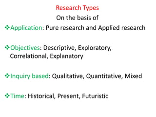 Research Types
On the basis of
Application: Pure research and Applied research
Objectives: Descriptive, Exploratory,
Correlational, Explanatory
Inquiry based: Qualitative, Quantitative, Mixed
Time: Historical, Present, Futuristic
 