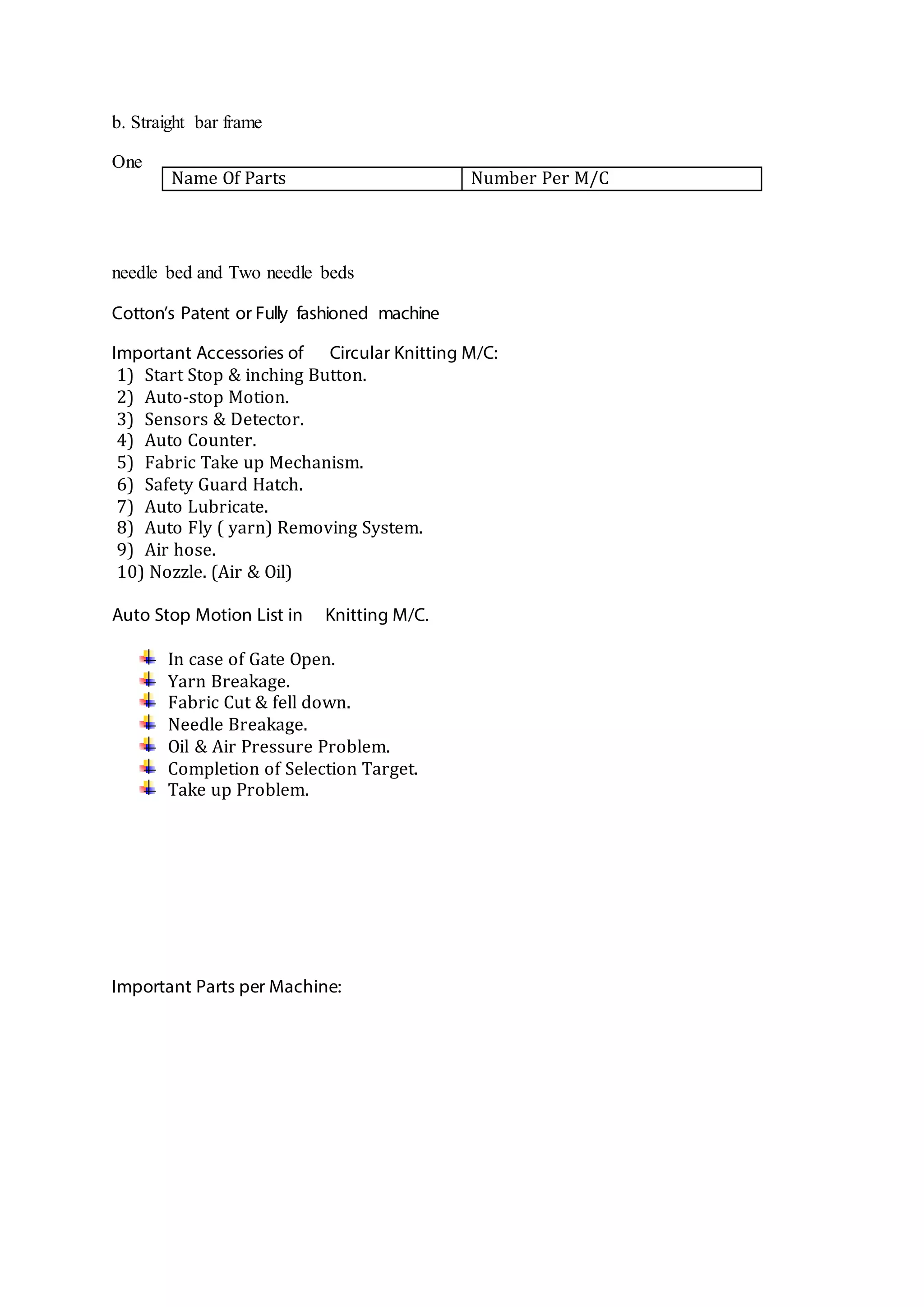 b. Straight bar frame
One
needle bed and Two needle beds
Cotton’s Patent or Fully fashioned machine
Important Accessories of Circular Knitting M/C:
1) Start Stop & inching Button.
2) Auto-stop Motion.
3) Sensors & Detector.
4) Auto Counter.
5) Fabric Take up Mechanism.
6) Safety Guard Hatch.
7) Auto Lubricate.
8) Auto Fly ( yarn) Removing System.
9) Air hose.
10) Nozzle. (Air & Oil)
Auto Stop Motion List in Knitting M/C.
In case of Gate Open.
Yarn Breakage.
Fabric Cut & fell down.
Needle Breakage.
Oil & Air Pressure Problem.
Completion of Selection Target.
Take up Problem.
Important Parts per Machine:
Name Of Parts Number Per M/C
 