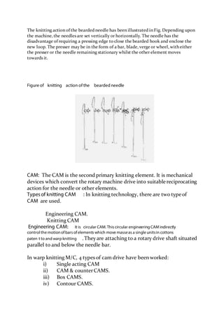 The knitting action of the bearded needle has been illustrated in Fig. Depending upon
the machine, the needles are set vertically or horizontally. The needle has the
disadvantage of requiring a pressing edge to close the bearded hook and enclose the
new loop. The presser may be in the form of a bar, blade, verge or wheel, with either
the presser or the needle remaining stationary whilst the other element moves
towards it.
Figure of knitting action of the bearded needle
CAM: The CAM is the second primary knitting element. It is mechanical
devices which convert the rotary machine drive into suitable reciprocating
action for the needle or other elements.
Typesof knitting CAM : In knitting technology, there are two type of
CAM are used.
Engineering CAM.
Knitting CAM
Engineering CAM: It is circular CAM. This circular engineering CAM indirectly
control the motionof bars of elements which move masseas a single unitsin cottons
paten t to and warp knitting .They are attaching to a rotary drive shaft situated
parallel to and below the needle bar.
In warp knitting M/C, 4 types of cam drive have been worked:
i) Single acting CAM
ii) CAM & counterCAMS.
iii) Box CAMS.
iv) Contour CAMS.
 