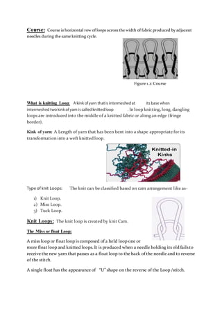 Course: Course is horizontal row of loops across the width of fabric produced by adjacent
needles during the same knitting cycle.
Figure 1.2: Course
What is knitting Loop: A kink of yarn that is intermeshed at its base when
intermeshed two kink of yarn is called knitted loop . In loop knitting, long, dangling
loops are introduced into the middle of a knitted fabric or along an edge (fringe
border).
Kink of yarn: A Length of yarn that has been bent into a shape appropriate for its
transformation into a weft knitted loop.
Type of knit Loops: The knit can be classiﬁed based on cam arrangement like as-
1) Knit Loop.
2) Miss Loop.
3) Tuck Loop.
Knit Loops: The knit loop is created by knit Cam.
The Miss or float Loop:
A miss loop or ﬂoat loop is composed of a held loop one or
more ﬂoat loop and knitted loops. It is produced when a needle holding its old fails to
receive the new yarn that passes as a ﬂoat loop to the back of the needle and to reverse
of the stitch.
A single ﬂoat has the appearance of “U” shape on the reverse of the Loop /stitch.
 