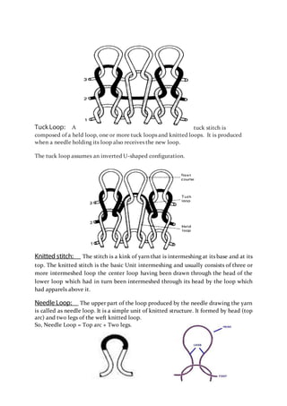 TuckLoop: A tuck stitch is
composed of a held loop, one or more tuck loops and knitted loops. It is produced
when a needle holding its loop also receives the new loop.
The tuck loop assumes an inverted U-shaped conﬁguration.
Knitted stitch: The stitch is a kink of yarn that is intermeshing at its base and at its
top. The knitted stitch is the basic Unit intermeshing and usually consists of three or
more intermeshed loop the center loop having been drawn through the head of the
lower loop which had in turn been intermeshed through its head by the loop which
had apparels above it.
Needle Loop: The upper part of the loop produced by the needle drawing the yarn
is called as needle loop. It is a simple unit of knitted structure. It formed by head (top
arc) and two legs of the weft knitted loop.
So, Needle Loop = Top arc + Two legs.
 