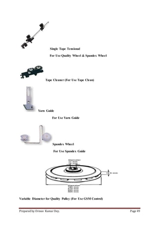 Prepared by Ormee Kumar Dey. Page 49
Single Tape Tensional
For Use Quality Wheel & Spandex Wheel
Tape Cleaner (For Use Tape Clean)
Yarn Guide
For Use Yarn Guide
Spandex Wheel
For Use Spandex Guide
Variable Diameter for Quality Pulley (For Use GSM Control)
 