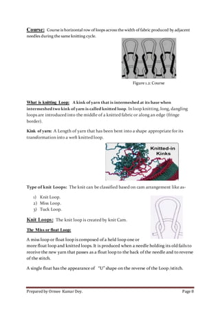 Prepared by Ormee Kumar Dey. Page 8
Course: Course is horizontal row of loops across the width of fabric produced by adjacent
needles during the same knitting cycle.
Figure 1.2: Course
What is knitting Loop: A kink of yarn that is intermeshed at its base when
intermeshed two kink of yarn is called knitted loop. In loop knitting, long, dangling
loops are introduced into the middle of a knitted fabric or along an edge (fringe
border).
Kink of yarn: A Length of yarn that has been bent into a shape appropriate for its
transformation into a weft knitted loop.
Type of knit Loops: The knit can be classified based on cam arrangement like as-
1) Knit Loop.
2) Miss Loop.
3) Tuck Loop.
Knit Loops: The knit loop is created by knit Cam.
The Miss or float Loop:
A miss loop or float loop is composed of a held loop one or
more float loop and knitted loops. It is produced when a needle holding its old fails to
receive the new yarn that passes as a float loop to the back of the needle and to reverse
of the stitch.
A single float has the appearance of “U” shape on the reverse of the Loop /stitch.
 