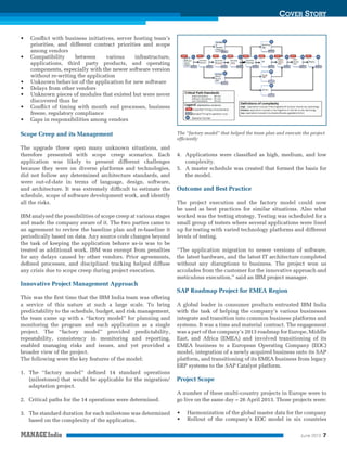 COVER STORY
•
•

•
•
•
•
•

Conﬂict with business initiatives, server hosting team’s
priorities, and different contract priorities and scope
among vendors
Compatibility
between
various
infrastructure,
applications, third party products, and operating
components, especially with the newer software version
without re-writing the application
Unknown behavior of the application for new software
Delays from other vendors
Unknown pieces of modules that existed but were never
discovered thus far
Conﬂict of timing with month end processes, business
freeze, regulatory compliance
Gaps in responsibilities among vendors

Scope Creep and its Management
The upgrade threw open many unknown situations, and
therefore presented with scope creep scenarios. Each
application was likely to present different challenges
because they were on diverse platforms and technologies,
did not follow any determined architecture standards, and
were out-of-date in terms of language, design, software,
and architecture. It was extremely difﬁcult to estimate the
schedule, scope of software development work, and identify
all the risks.
IBM analysed the possibilities of scope creep at various stages
and made the company aware of it. The two parties came to
an agreement to review the baseline plan and re-baseline it
periodically based on data. Any source code changes beyond
the task of keeping the application behave as-is was to be
treated as additional work. IBM was exempt from penalties
for any delays caused by other vendors. Prior agreements,
deﬁned processes, and disciplined tracking helped diffuse
any crisis due to scope creep during project execution.

The “factory model” that helped the team plan and execute the project
efﬁciently

4. Applications were classiﬁed as high, medium, and low
complexity.
5. A master schedule was created that formed the basis for
the model.

Outcome and Best Practice
The project execution and the factory model could now
be used as best practices for similar situations. Also what
worked was the testing strategy. Testing was scheduled for a
small group of testers where several applications were lined
up for testing with varied technology platforms and different
levels of testing.
“The application migration to newer versions of software,
the latest hardware, and the latest IT architecture completed
without any disruptions to business. The project won us
accolades from the customer for the innovative approach and
meticulous execution,” said an IBM project manager.

Innovative Project Management Approach
SAP Roadmap Project for EMEA Region
This was the ﬁrst time that the IBM India team was offering
a service of this nature at such a large scale. To bring
predictability to the schedule, budget, and risk management,
the team came up with a “factory model” for planning and
monitoring the program and each application as a single
project. The “factory model” provided predictability,
repeatability, consistency in monitoring and reporting,
enabled managing risks and issues, and yet provided a
broader view of the project.
The following were the key features of the model:
1. The “factory model” deﬁned 14 standard operations
(milestones) that would be applicable for the migration/
adaptation project.

A global leader in consumer products entrusted IBM India
with the task of helping the company’s various businesses
integrate and transition into common business platforms and
systems. It was a time and material contract. The engagement
was a part of the company’s 2013 roadmap for Europe, Middle
East, and Africa (EMEA) and involved transitioning of its
EMEA business to a European Operating Company (EOC)
model, integration of a newly acquired business onto its SAP
platform, and transitioning of its EMEA business from legacy
ERP systems to the SAP Catalyst platform.

Project Scope

2. Critical paths for the 14 operations were determined.

A number of these multi-country projects in Europe were to
go live on the same day – 26 April 2013. Those projects were:

3. The standard duration for each milestone was determined
based on the complexity of the application.

•
•

Harmonization of the global master data for the company
Rollout of the company’s EOC model in six countries
June 2013

7

 