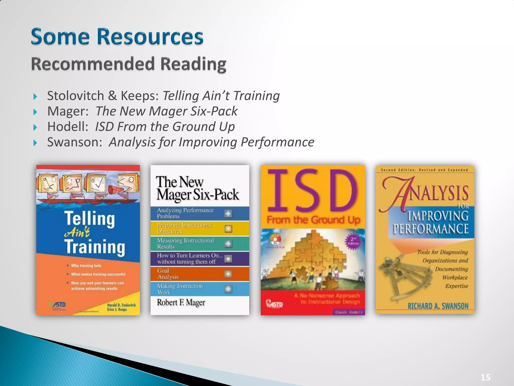    Stolovitch & Keeps: Telling Ain’t Training
   Mager: The New Mager Six-Pack
   Hodell: ISD From the Ground Up
   Swanson: Analysis for Improving Performance




                                                  15
 