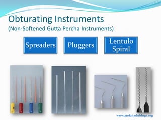 Obturating Instruments
(Non-Softened Gutta Percha Instruments)

                                     Lentulo
      Spreaders      Pluggers
                                      Spiral




                                          www.arefai.edublogs.org
 