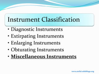 Instrument Classification
• Diagnostic Instruments
• Extirpating Instruments
• Enlarging Instruments
• Obturating Instruments
• Miscellaneous Instruments

                         www.arefai.edublogs.org
 