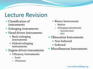Lecture Revision
 Classification of              Rotary Instruments
  instruments                      Motion
                                   Enlarging instruments
 Enlarging instruments
                                        Stainless Steel
 Hand driven instruments               NiTi
    Basic enlarging           Obturation Instruments
     instruments
                                 Non-Softened
    Hybrid enlarging
                                 Softened
     instruments
                               Miscellaneous Instruments
 Engine driven instruments
    Vibratory Instruments
        Sonic
        Ultrasonic

                                                www.arefai.edublogs.org
 