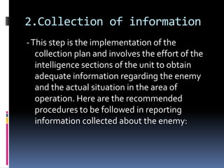 2.Collection of information - This step is the implementation of the collection plan and involves the effort of the intelligence sections of the unit to obtain adequate information regarding the enemy and the actual situation in the area of operation. Here are the recommended procedures to be followed in reporting information collected about the enemy: