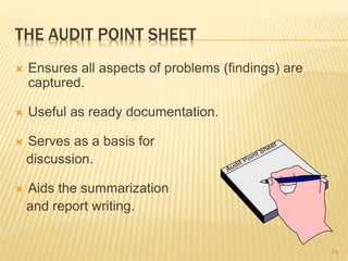 THE AUDIT POINT SHEET
 Ensures all aspects of problems (findings) are
captured.
 Useful as ready documentation.
 Serves as a basis for
discussion.
 Aids the summarization
and report writing.
24
 