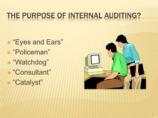 THE PURPOSE OF INTERNAL AUDITING?
 “Eyes and Ears”
 “Policeman”
 “Watchdog”
 “Consultant”
 “Catalyst”
5
 