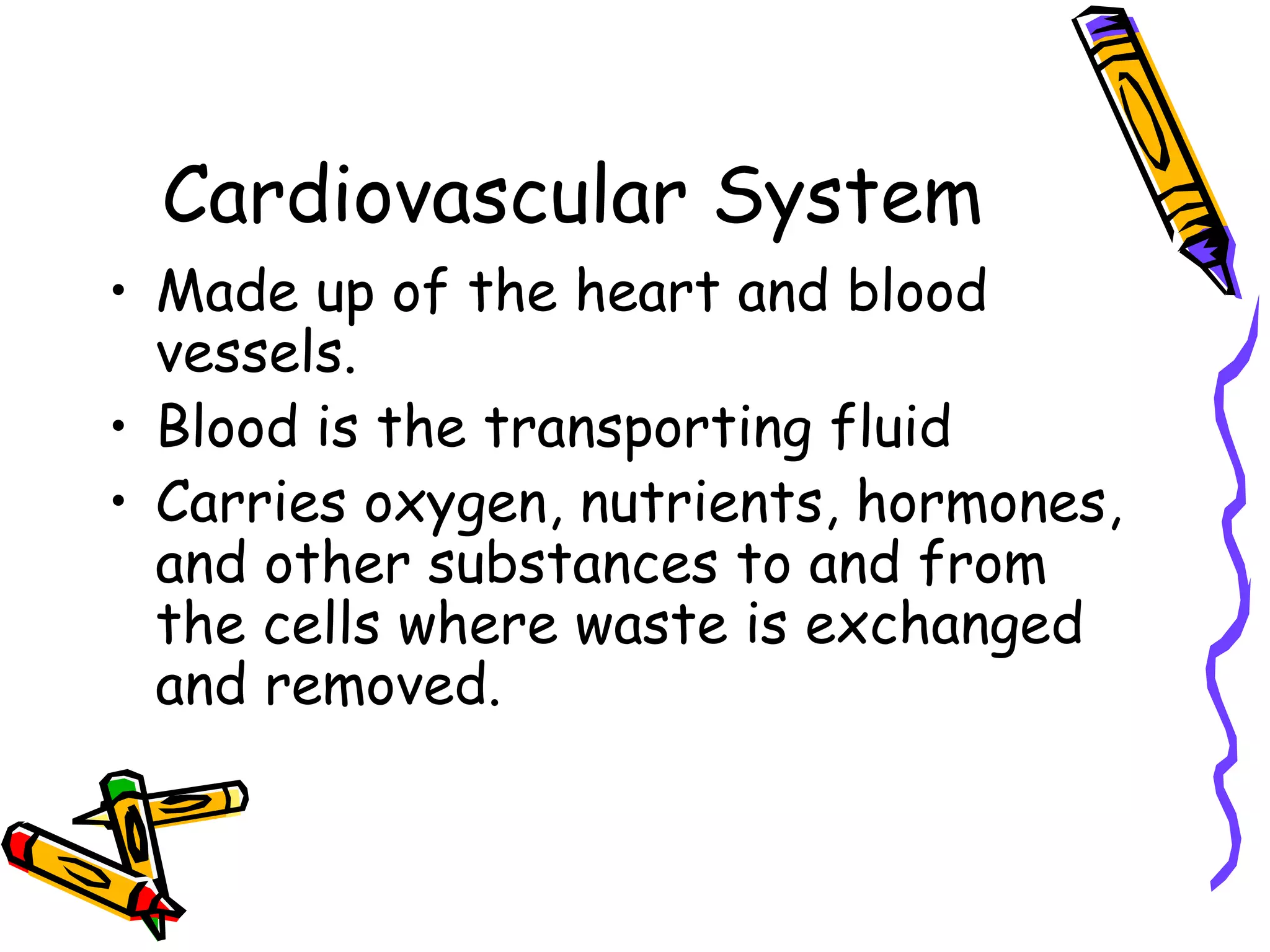Cardiovascular System Made up of the heart and blood vessels. Blood is the transporting fluid Carries oxygen, nutrients, hormones, and other substances to and from the cells where waste is exchanged and removed. 