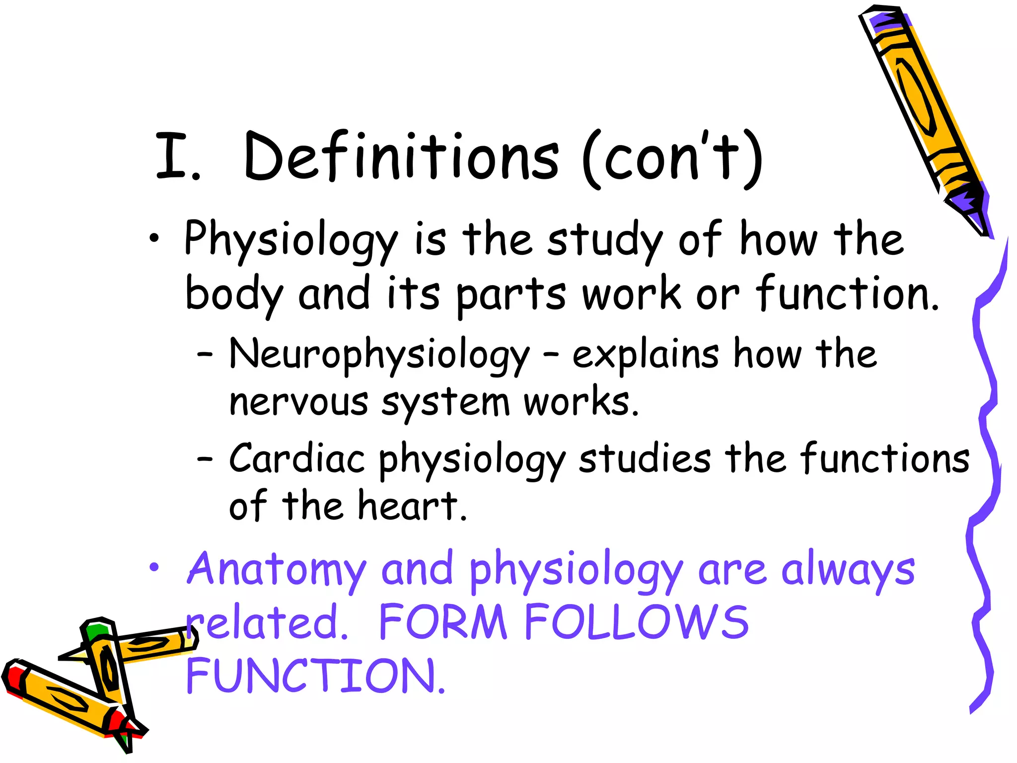 I.  Definitions (con’t) Physiology is the study of how the body and its parts work or function.  Neurophysiology – explains how the nervous system works. Cardiac physiology studies the functions of the heart. Anatomy and physiology are always related.  FORM FOLLOWS FUNCTION. 